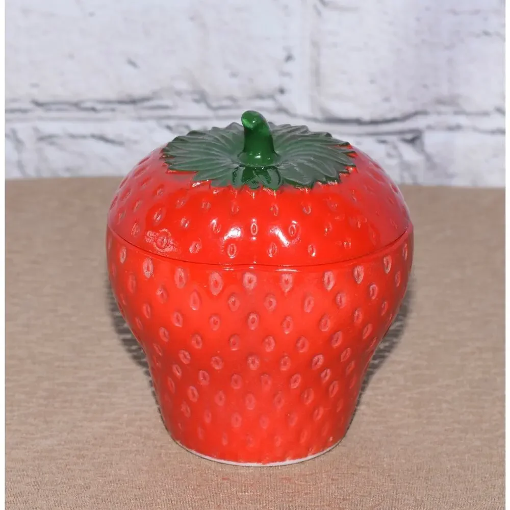 Vintage Hazel Atlas Milk Glass Red Strawberry Jam Jelly Marmalade Lidded Jar
